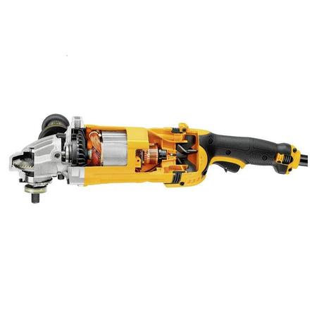 A reversed technical cutaway view of the DEWALT DWE4557. This detailed infographic highlights the internal electrical wiring, motor brushes, and cooling system, demonstrating the tool's industrial-grade durability and efficient AC/DC power management.