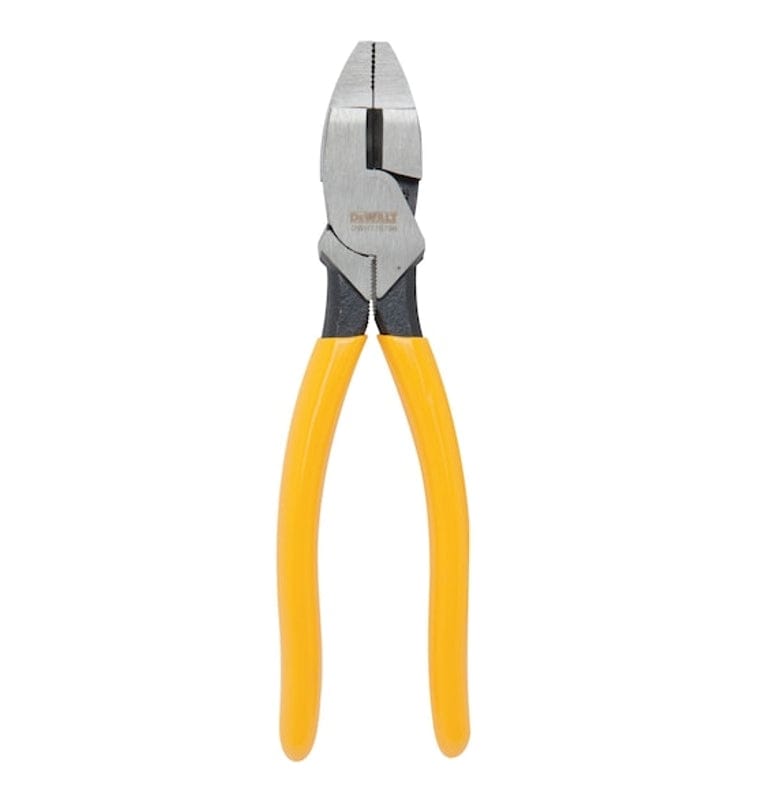 Studio view of the DeWalt 7-inch linesman pliers featuring black and silver steel jaws and bright yellow dipped handles, displayed in a slightly open position.