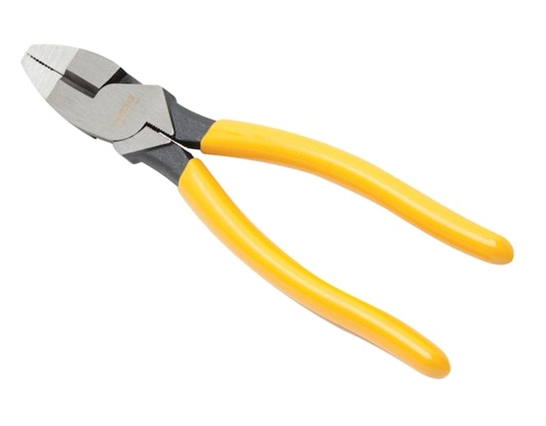 Angled perspective of the open pliers highlighting the flat gripping nose, the side cutting blades, and the ergonomic yellow rubber handles.