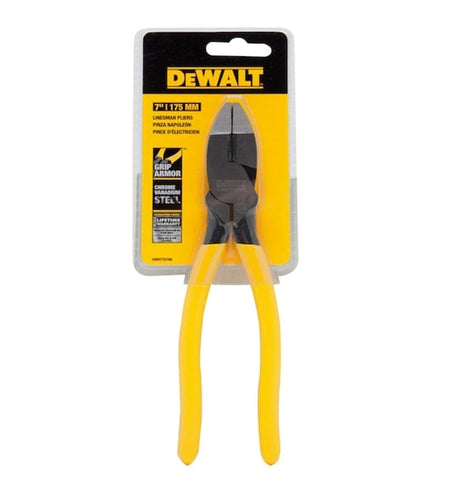 Retail packaging view of the DeWalt 7-inch linesman pliers on a yellow hanging card, emphasizing features such as Grip Armor technology and chrome vanadium steel construction.