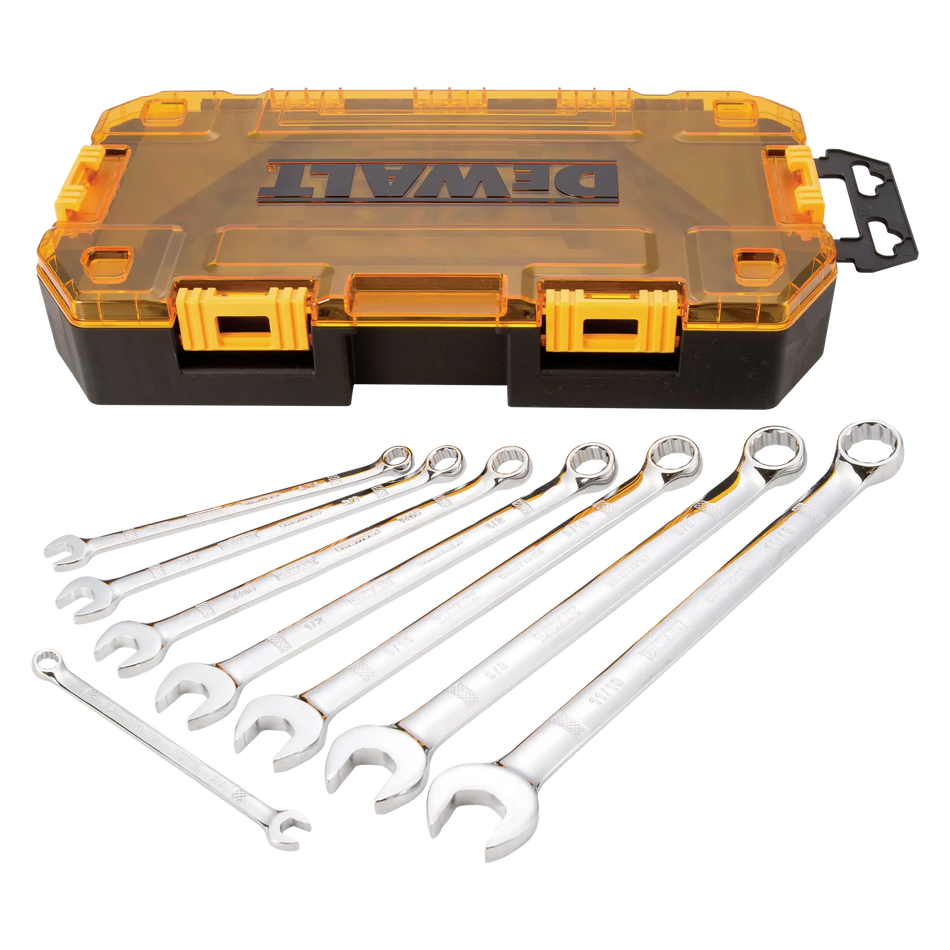 Studio view of the DeWalt 8-piece combination wrench set neatly laid out in front of its closed, amber-colored translucent storage case with black latches.