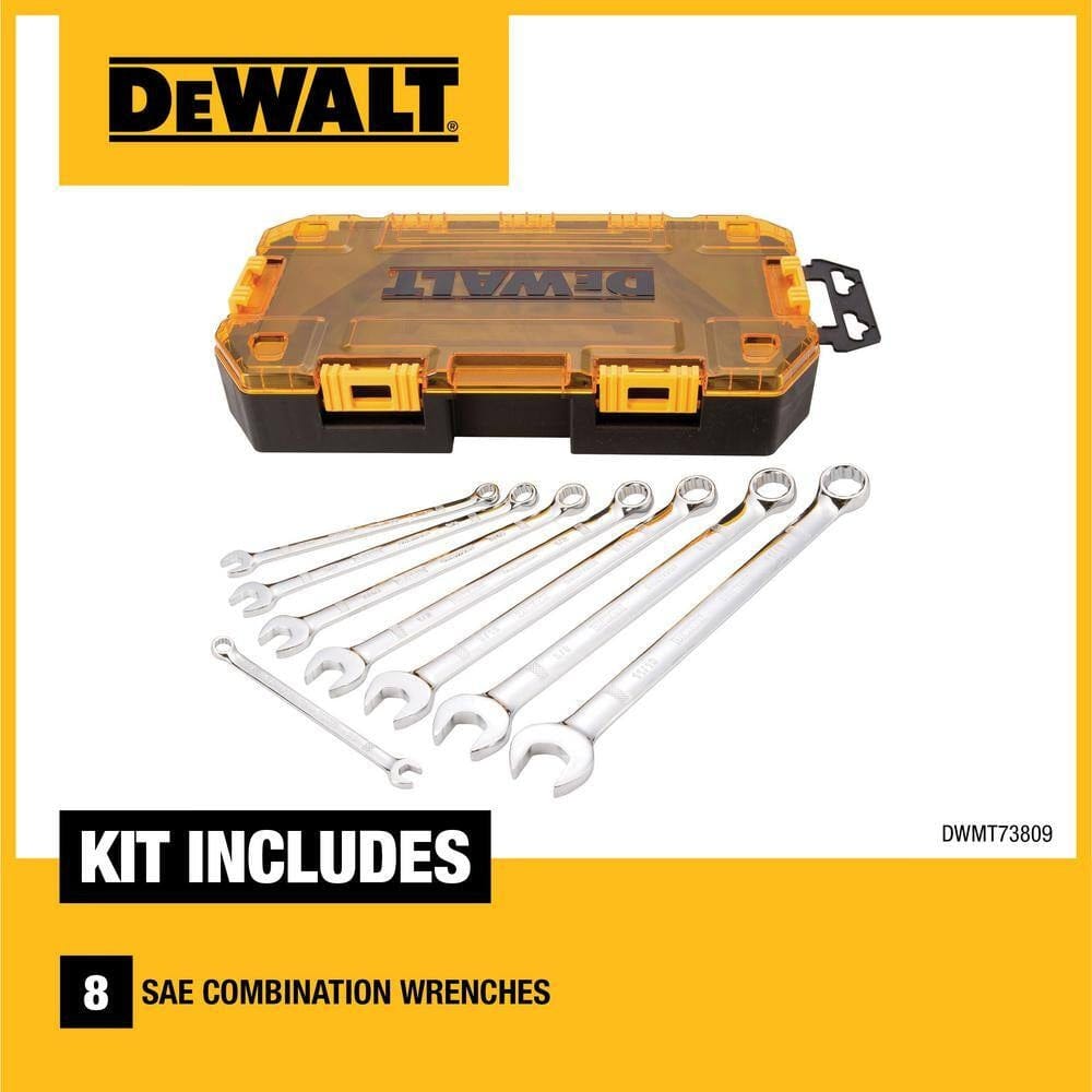 Infographic showing the DeWalt 8-piece wrench set and its storage case, with text "KIT INCLUDES 8 SAE COMBINATION WRENCHES" on a yellow banner.