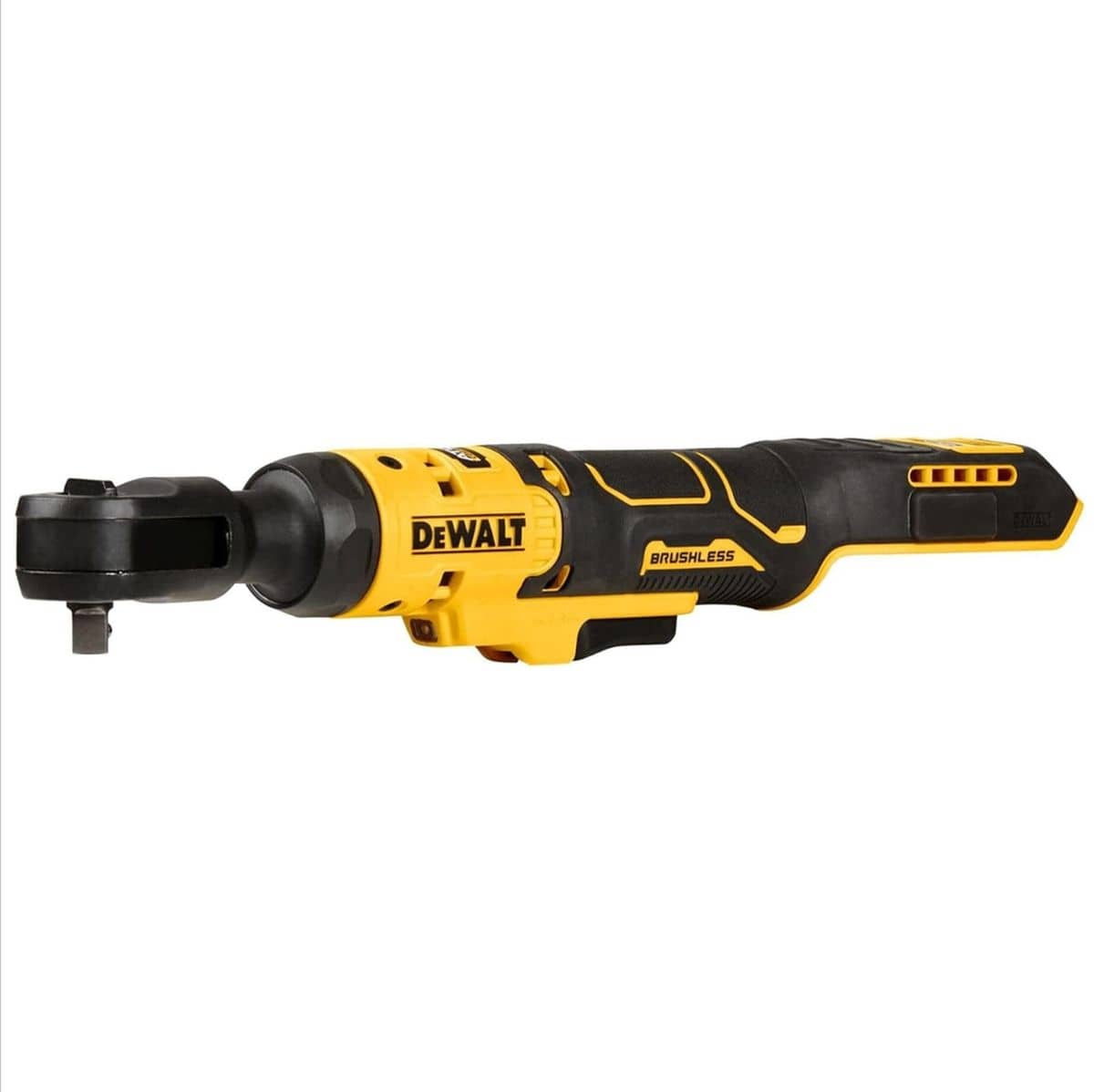 DEWALT brushless cordless ratchet tool with yellow and black body, compact ratcheting head, and trigger handle for use in tight fastening spaces.