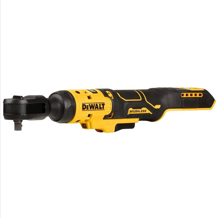 DEWALT brushless cordless ratchet tool with yellow and black body, compact ratcheting head, and trigger handle for use in tight fastening spaces.