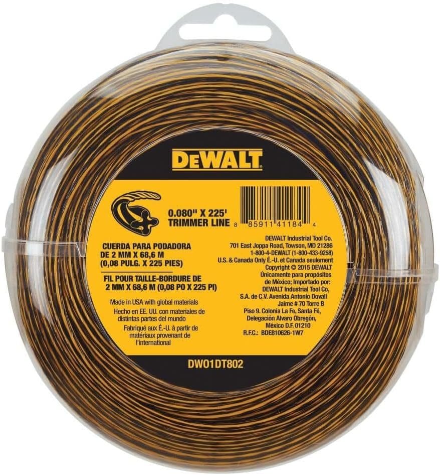 Studio view of a 225-foot coil of DeWalt 0.080-inch trimmer line inside clear plastic donut packaging, displaying the black and yellow twisted aerodynamic string and a central information label.