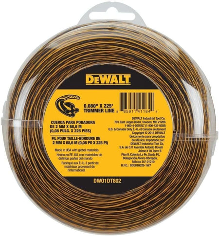 Studio view of a 225-foot coil of DeWalt 0.080-inch trimmer line inside clear plastic donut packaging, displaying the black and yellow twisted aerodynamic string and a central information label.