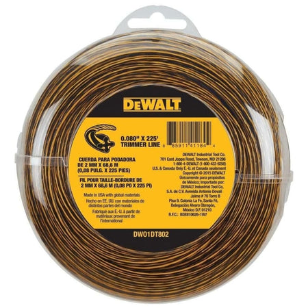 Studio view of a 225-foot coil of DeWalt 0.080-inch trimmer line inside clear plastic donut packaging, displaying the black and yellow twisted aerodynamic string and a central information label.