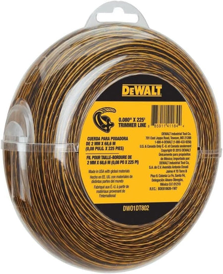 Front facing view of the DeWalt trimmer line package highlighting the model number DWO1DT802, the twisted line profile icon, and multilingual product specifications on the yellow center card.