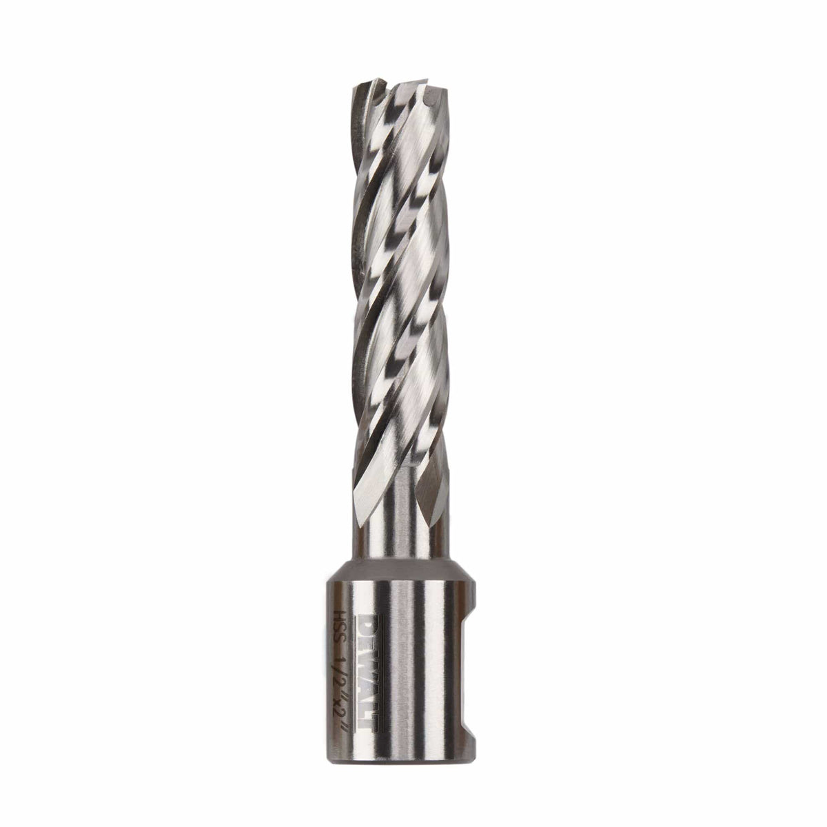 DeWalt 1/2-inch HSS annular cutter featuring a 3/4-inch Weldon shank and 2-inch flutes for deep hole boring in steel plates.