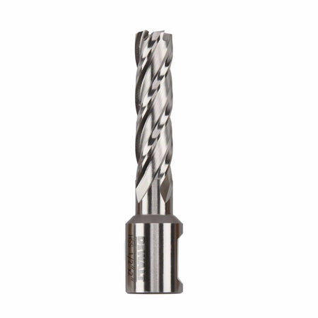 DeWalt 1/2-inch HSS annular cutter featuring a 3/4-inch Weldon shank and 2-inch flutes for deep hole boring in steel plates.