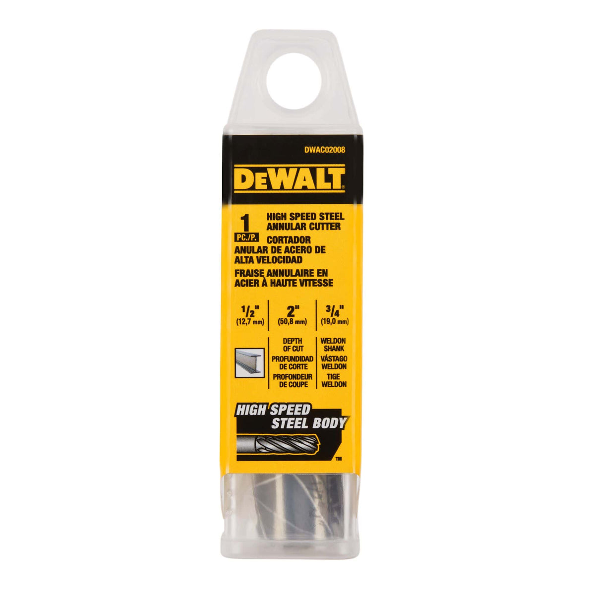 DeWalt DWAC02008 package displaying the 1/2-inch diameter, 2-inch cut depth, and 3/4-inch Weldon shank specifications.