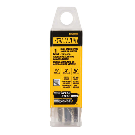 DeWalt DWAC02008 package displaying the 1/2-inch diameter, 2-inch cut depth, and 3/4-inch Weldon shank specifications.