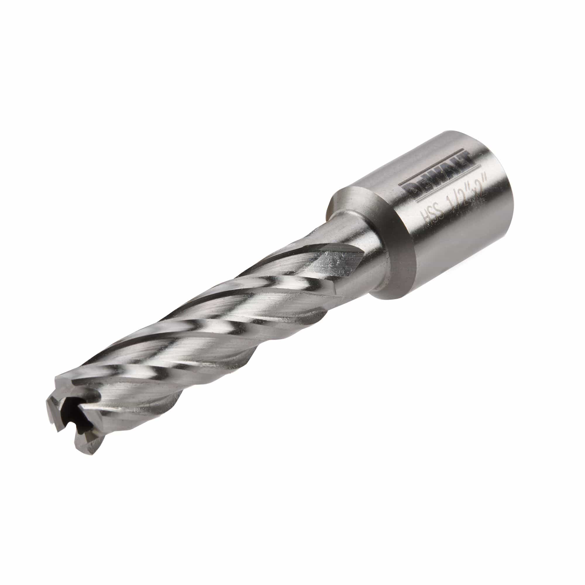 DeWalt DWAC02008 annular cutter showing the hollow core cutting teeth and chip flutes engineered for burr-free metal coring.