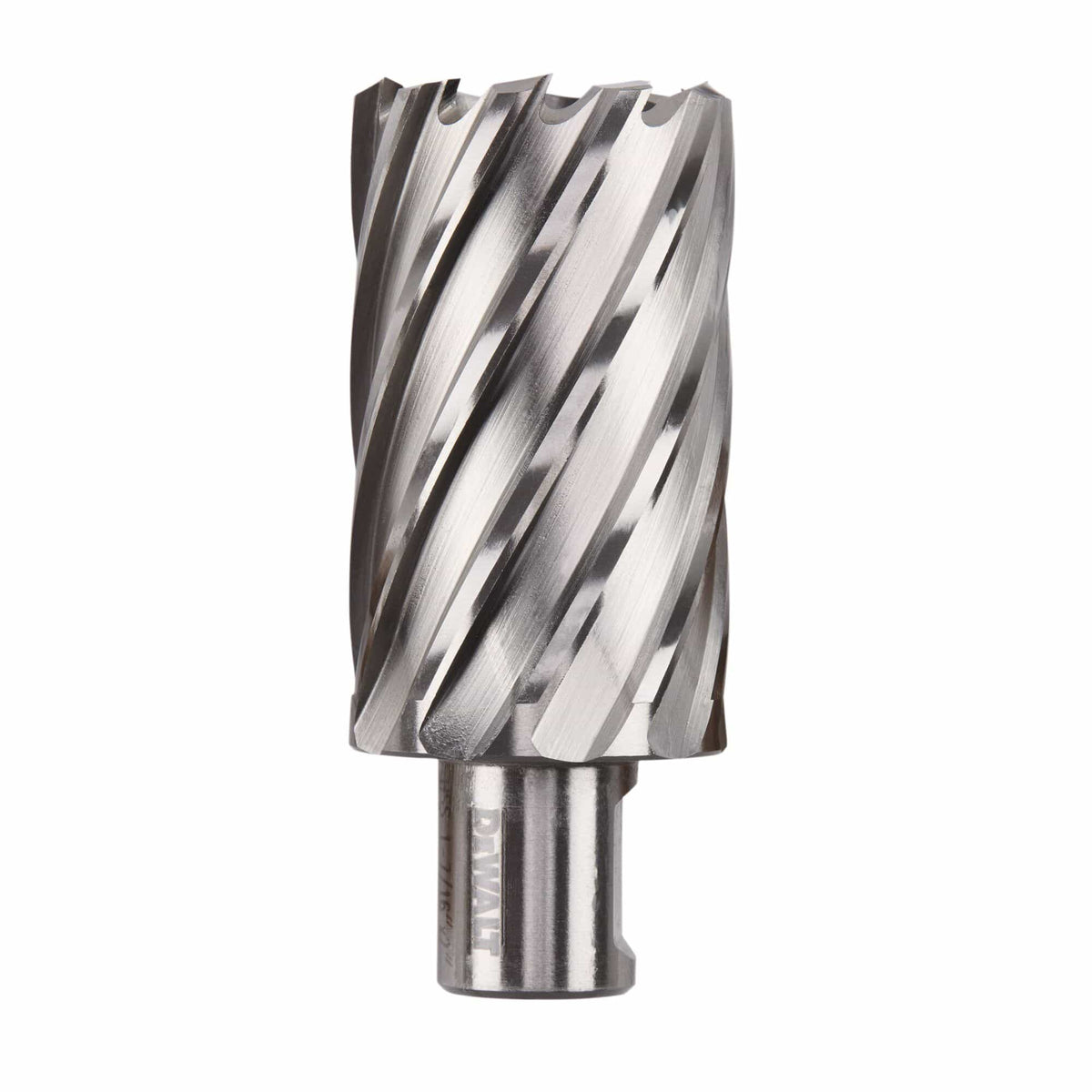 DeWalt 1-7/16-inch HSS annular cutter highlighting the 3/4-inch Weldon shank and 2-inch cutting depth flutes.