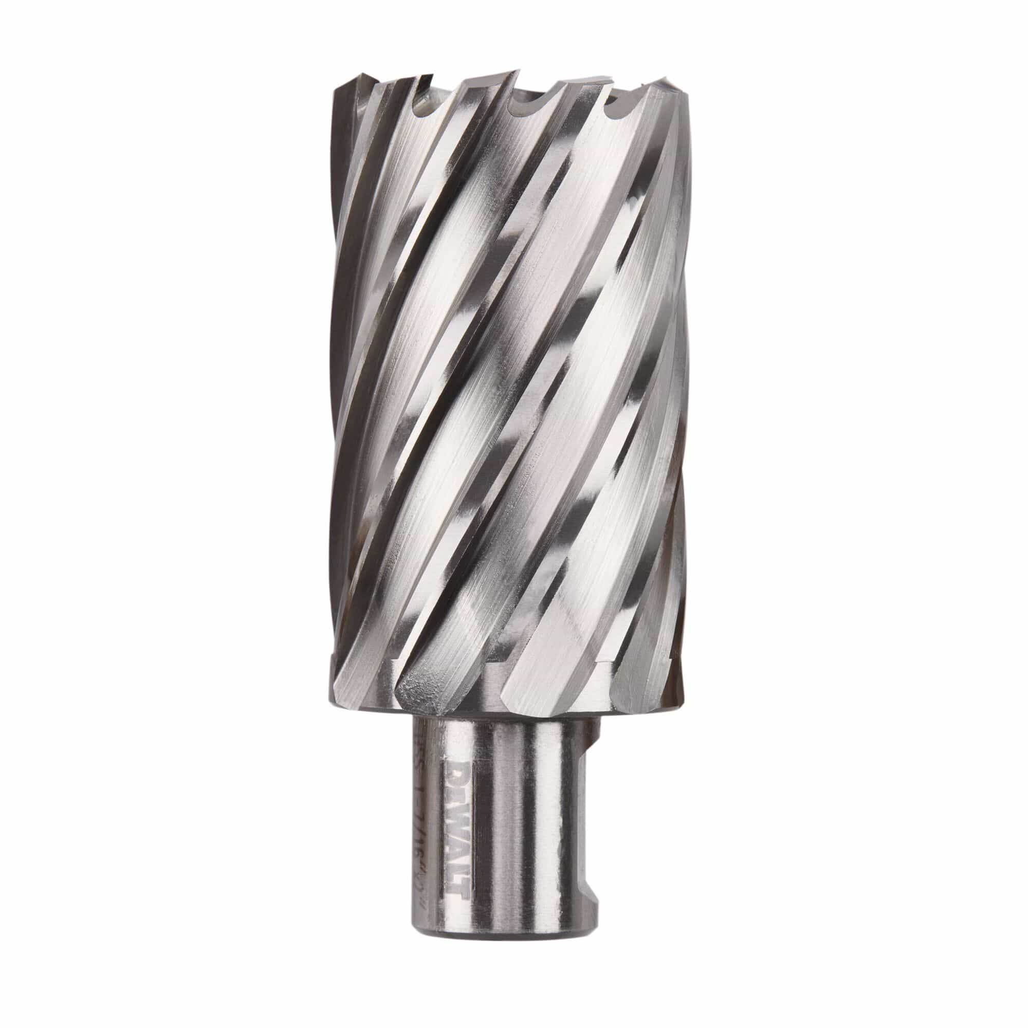 DeWalt 1-7/16-inch HSS annular cutter highlighting the 3/4-inch Weldon shank and 2-inch cutting depth flutes.