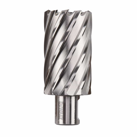 DeWalt 1-7/16-inch HSS annular cutter highlighting the 3/4-inch Weldon shank and 2-inch cutting depth flutes.