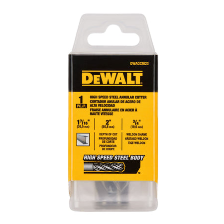 DeWalt DWAC02023 package detailing the 1-7/16-inch diameter, 2-inch cut depth, and 3/4-inch Weldon shank specs.