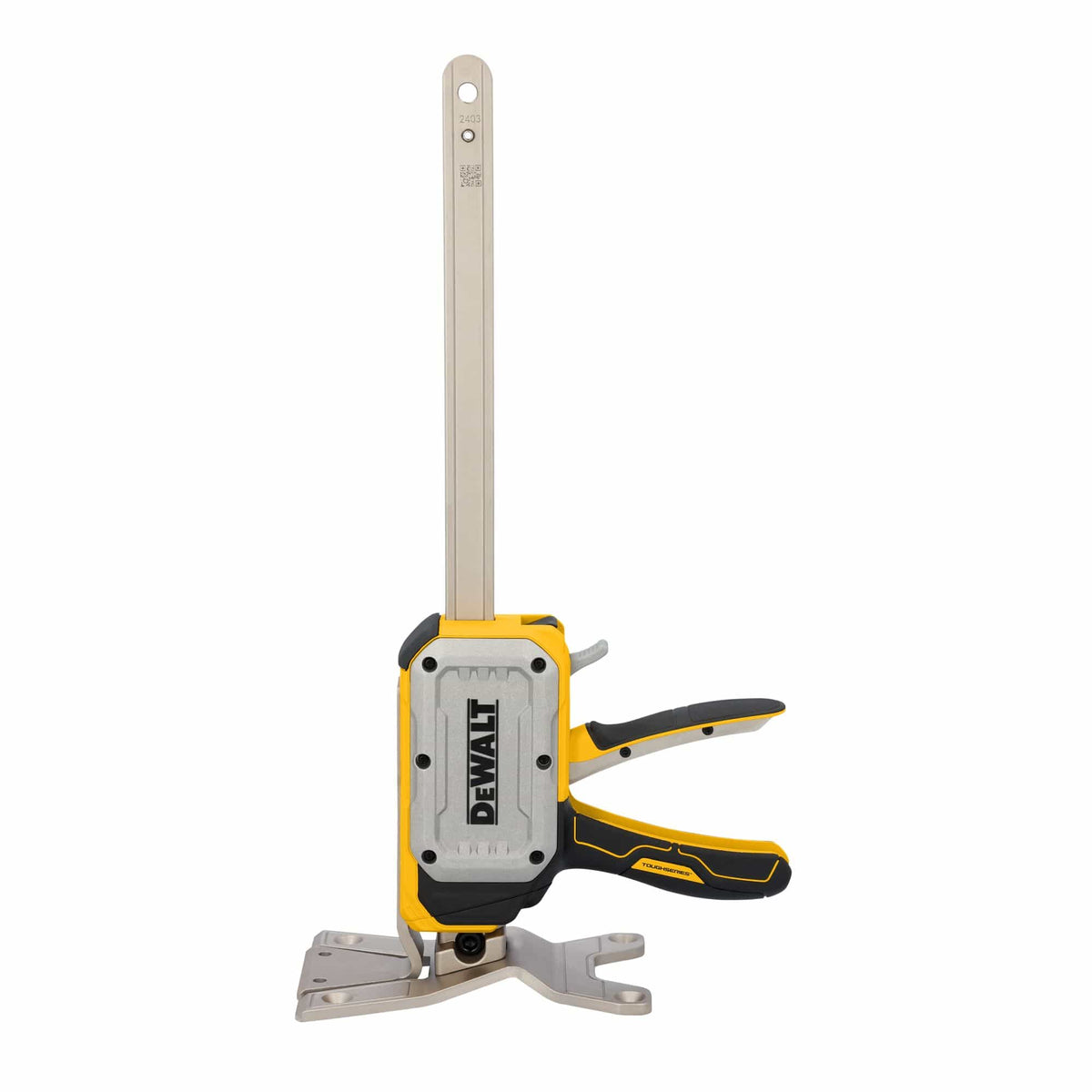 DeWalt DWHT83550 ToughSeries hand jack featuring a steel vertical rail, trigger actuation handle, and metal base plate for precision lifting.