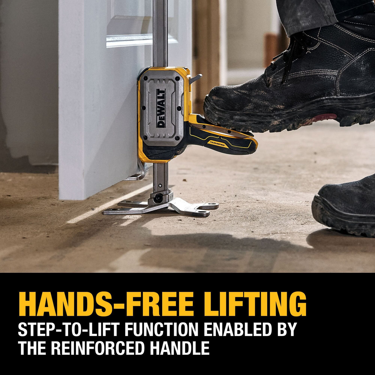 Operator using boot to press DeWalt DWHT83550 step-to-lift foot pedal handle, enabling hands-free vertical door alignment.