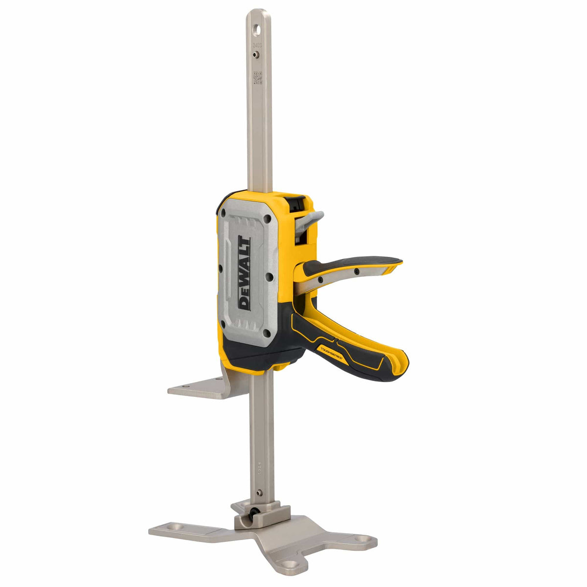 DeWalt DWHT83550 construction jack with elevated lift foot positioned on vertical steel drive shaft for cabinet and door leveling.