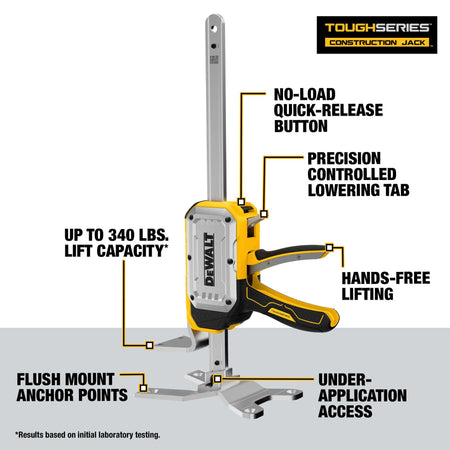 Feature breakdown of DeWalt DWHT83550 jack highlighting 340 lb capacity, hands-free lifting, quick-release button, and low-profile base.