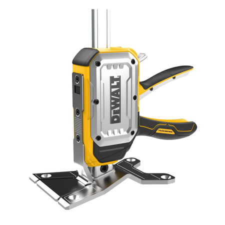 Close-up of DeWalt DWHT83550 jack showing countersunk mounting holes on base plate for secure floor fastening during heavy installation jobs.