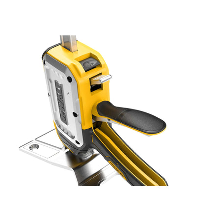 Top-down view of DeWalt DWHT83550 trigger housing showcasing the no-load quick-release button and micro-adjustment lowering tab.