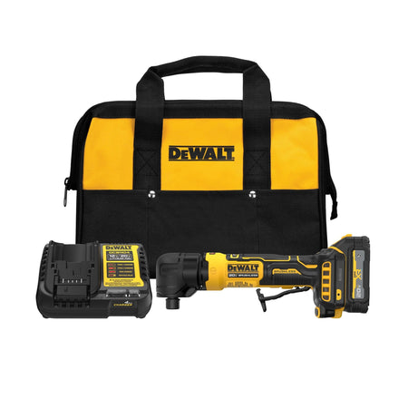 DeWalt DCG422GE1 20V MAX cordless brushless right angle die grinder kit items arranged cleanly on a white background including the yellow and black fabric storage bag, a DCB1104 battery charger, one compact oil-resistant XR PowerStack lithium-ion battery, and the 90-degree right angle tool body