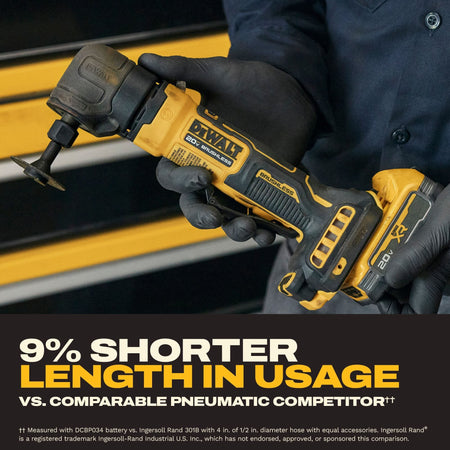On-site jobsite graphic showing a metalworker holding the compact DeWalt 20V MAX brushless cordless right angle die grinder equipped with a cutting disc wheel over structural steel components with promotional text highlighting a 9 percent shorter length in usage parameters compared to traditional pneumatic competitive setups