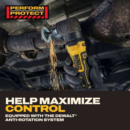 On-site jobsite graphic showing an operator wearing protective black nitrile gloves using the DeWalt 20V MAX cordless right angle die grinder to cut under a vehicle chassis, generating a stream of bright friction sparks, under a promotional text banner highlighting the integrated Perform Protect anti-rotation control system