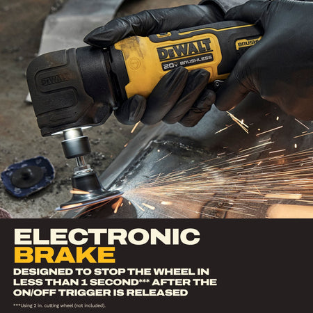 Action close-up view showing a metalworker holding the DeWalt 20V MAX cordless brushless right angle die grinder equipped with a surface conditioning disc accessory to smooth a steel piece, throwing off sparks, under a textual panel emphasizing the automatic electronic brake system designed to halt the wheel in less than 1 second