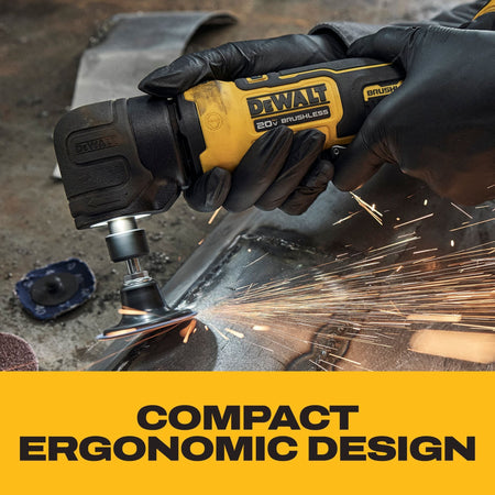 Action close-up view identical to the previous image, showing a fabricator holding the yellow and black DeWalt 20V MAX right angle die grinder with a surface conditioning disc on metal, throwing off sparks, over a bright yellow block with text highlighting the compact ergonomic design of the tool