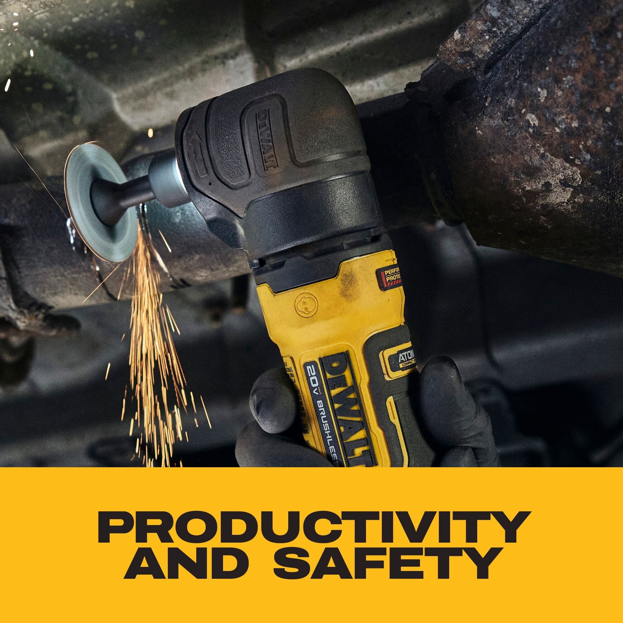 On-site industrial view identical to file eleven, showing an operator in black nitrile gloves utilizing the DeWalt 20V MAX cordless brushless right angle die grinder under a vehicle chassis to trim metal with an abrasive disc, producing sparks, over a bright yellow text layout highlighting jobsite productivity and safety