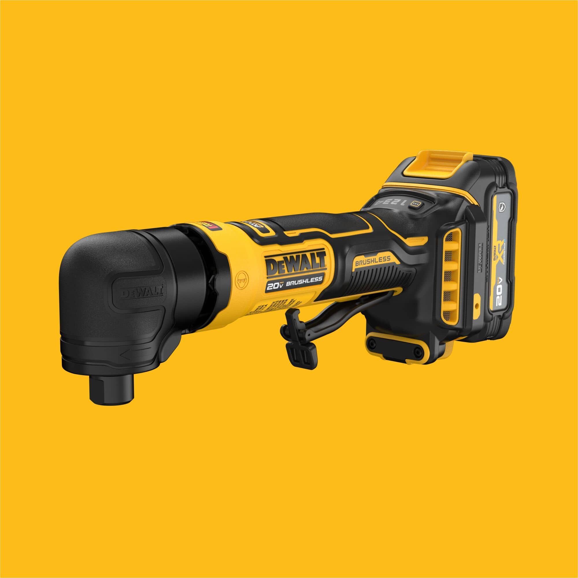 DeWalt 20V MAX ATOMIC series cordless brushless right angle die grinder tool body shown from a front three-quarter profile perspective highlighting the 90-degree black collet chuck head, safety paddle switch, and an attached compact XR PowerStack lithium-ion battery pack isolated on a solid bright yellow background