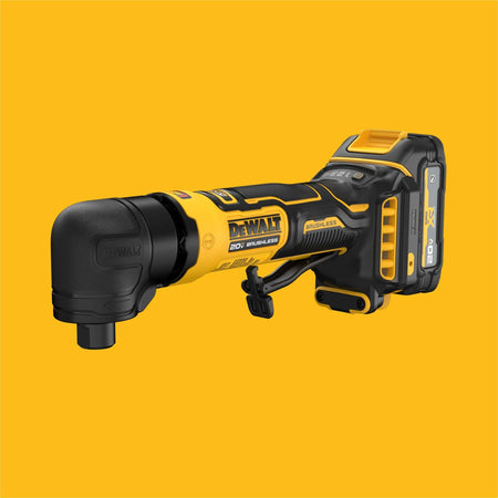 DeWalt 20V MAX ATOMIC series cordless brushless right angle die grinder tool body shown from a front three-quarter profile perspective highlighting the 90-degree black collet chuck head, safety paddle switch, and an attached compact XR PowerStack lithium-ion battery pack isolated on a solid bright yellow background