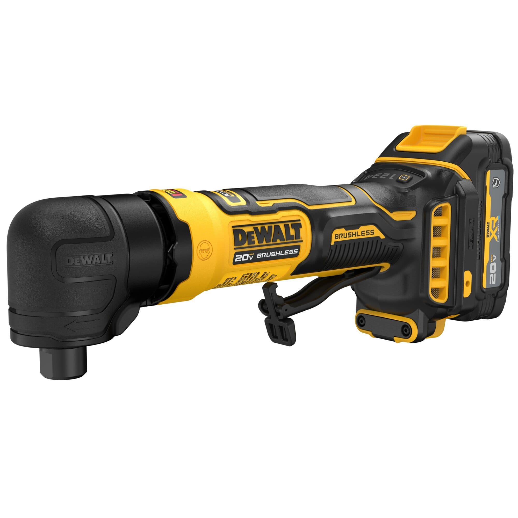 DeWalt 20V MAX ATOMIC series cordless brushless right angle die grinder shown from a front three-quarter profile perspective highlighting the black 90-degree angled collet chuck head, a yellow composite motor housing with textured rubber grips, a safety paddle trigger switch, and a rear battery connection dock isolated on a white background