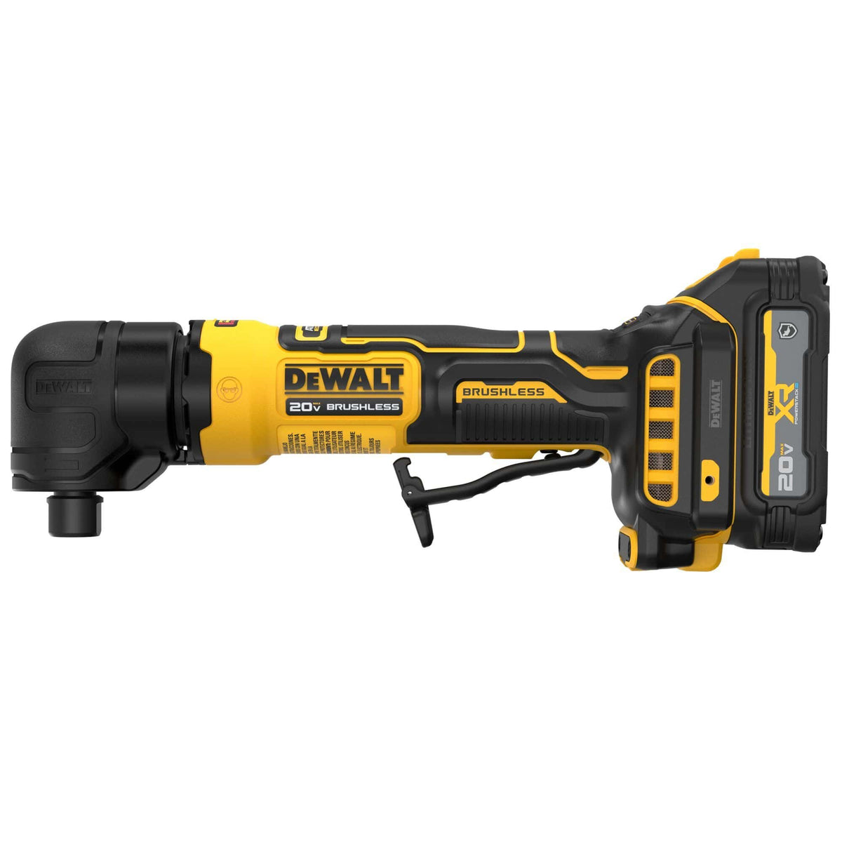 DeWalt cordless brushless right angle die grinder left side profile view highlighting the compact ergonomic inline handle casing, structural safety paddle switch trigger linkage, rear airflow cooling intake slots, and a yellow composite body housing with an embossed branding label
