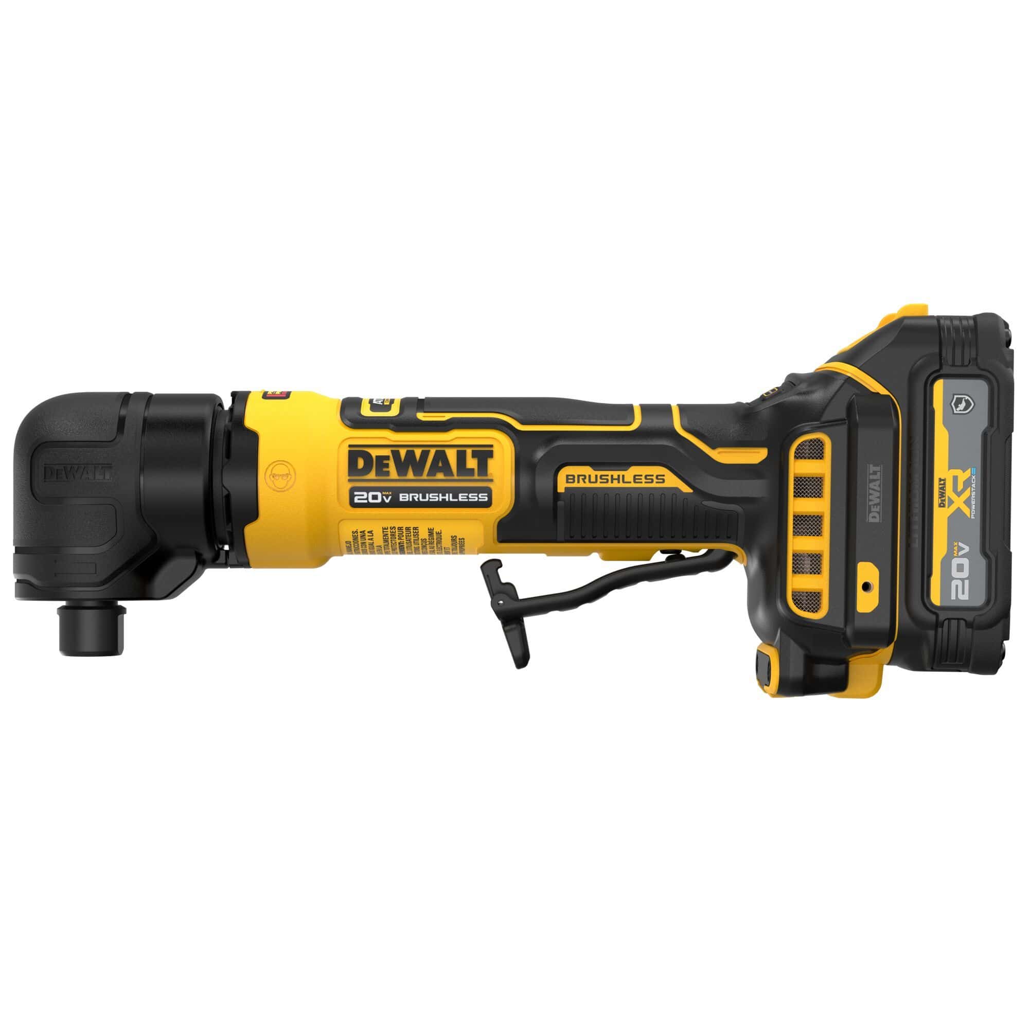 DeWalt cordless brushless right angle die grinder left side profile view highlighting the compact ergonomic inline handle casing, structural safety paddle switch trigger linkage, rear airflow cooling intake slots, and a yellow composite body housing with an embossed branding label