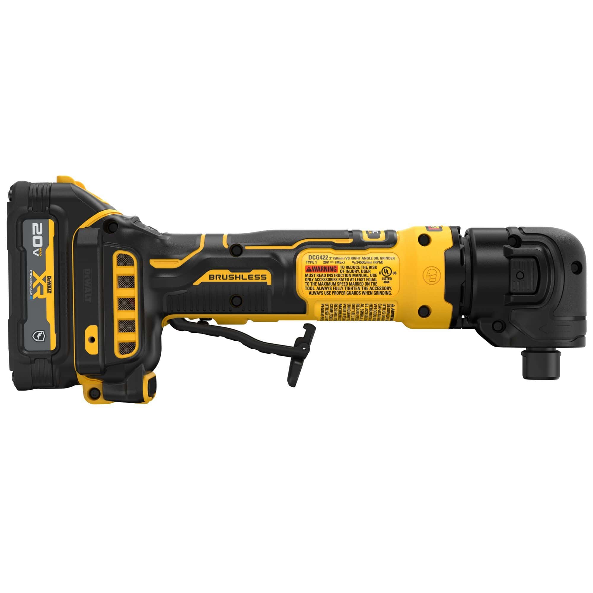DeWalt 20V MAX cordless brushless right angle die grinder right side linear view focusing on the central technical warning specification sticker tracking industrial safety compliance metrics, alongside the yellow motor housing and a 90-degree collet head assembly