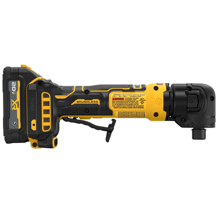 DeWalt 20V MAX cordless brushless right angle die grinder right side linear view focusing on the central technical warning specification sticker tracking industrial safety compliance metrics, alongside the yellow motor housing and a 90-degree collet head assembly