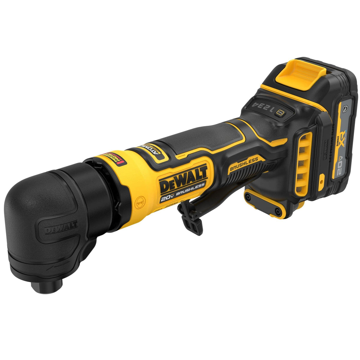 DeWalt ATOMIC compact series right angle cordless die grinder viewed from a low front three-quarter perspective highlighting the black rubber overmolded balance grip, the mechanical paddle switch assembly, a right-angled gear housing, and a rear battery mounting base rail tracking down towards an onboard LED lens array