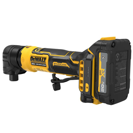 DeWalt 20V MAX right angle die grinder body viewed from a rear three-quarter perspective showing the structural yellow housing case, rear terminal battery slide rails, and integrated high-velocity cooling exhaust ventilation paths