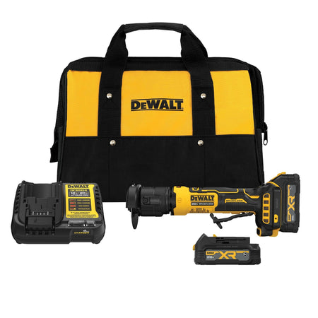 DeWalt DCG430GE2 20V MAX cordless 3-inch cut-off tool kit components arranged cleanly on a white background including a yellow and black fabric storage bag, a DCB1104 multi-voltage battery charger, one compact oil-resistant XR PowerStack lithium-ion battery pack, and the compact inline tool body