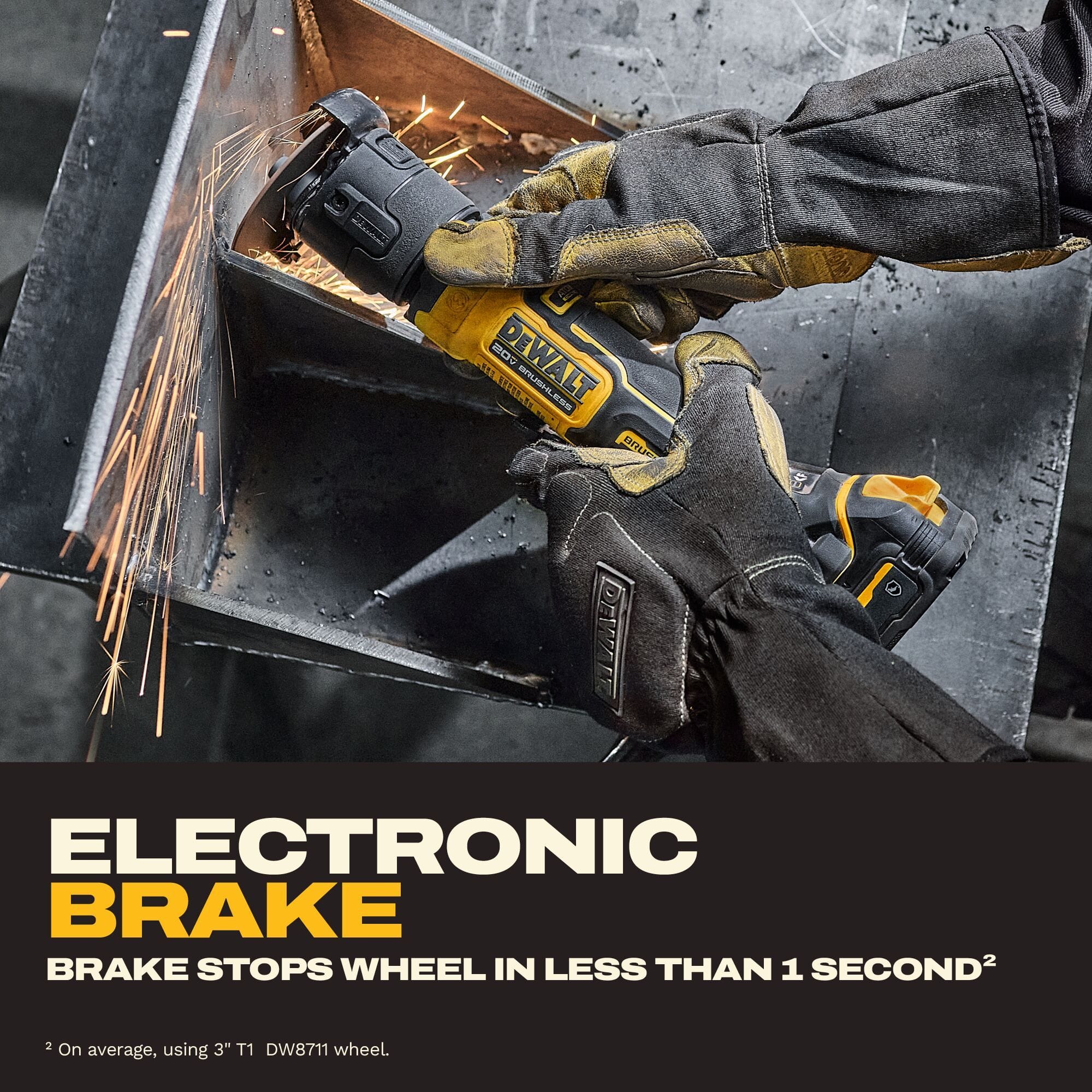 On-site metal fabrication graphic showing an operator wearing structural leather safety gloves operating the DeWalt 20V MAX ATOMIC compact series cordless brushless 3-inch cut-off tool to trim sharp interior brackets inside a steel box, generating sparks, under a promotional text panel highlighting the active electronic brake design built to halt rotating cutting wheels in under one second to maximize contractor safety boundaries