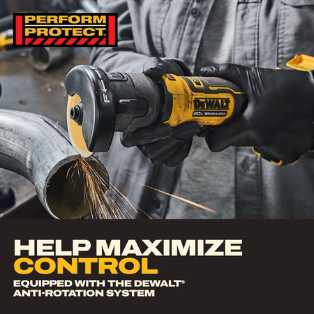 Tradesperson wearing black protective nitrile gloves operating the DeWalt 20V MAX ATOMIC compact series cordless 3-inch cut-off saw to trim an inline structural exhaust tailpipe, throwing off hot friction sparks, under an graphic textual overlay identifying the integrated Perform Protect anti-rotation system designed to maintain user control