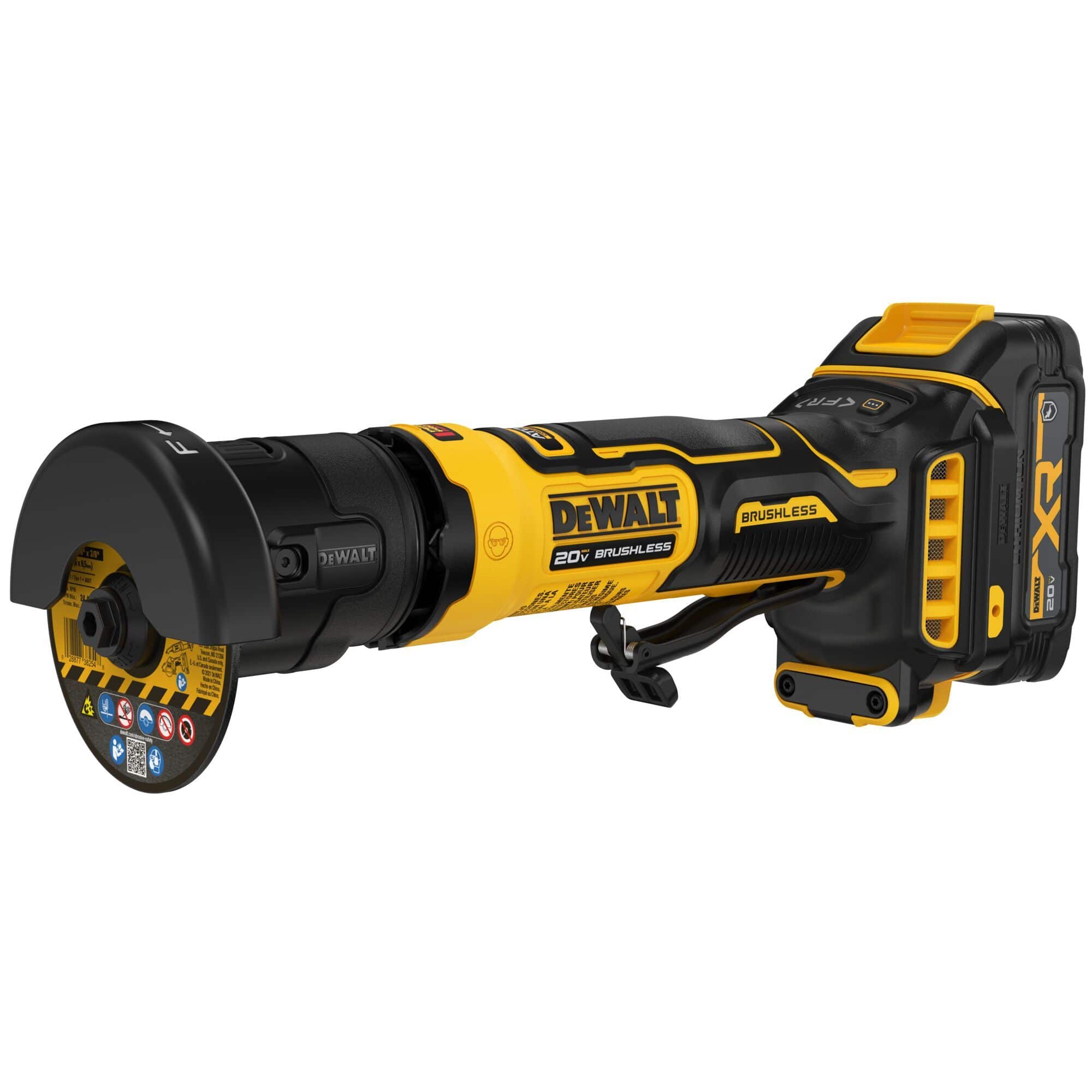 DeWalt 20V MAX ATOMIC series cordless brushless 3-inch cut-off tool shown from a front three-quarter profile perspective highlighting the attached bonded abrasive cutting wheel disc, black structural wheel guard, a yellow composite motor housing with textured rubber hand overmolds, safety paddle switch trigger, and a rear battery mounting foot isolated on a white background