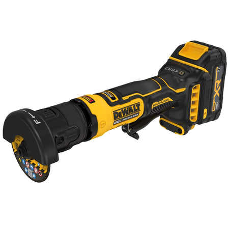 DeWalt cordless brushless compact 3-inch cut-off saw tool body viewed from a high left three-quarter perspective showcasing the slim inline handle profile, non-locking mechanical safety paddle switch, a black cutting head assembly with factory labels, and a rear battery connection dock slotted with an oil-resistant PowerStack pack