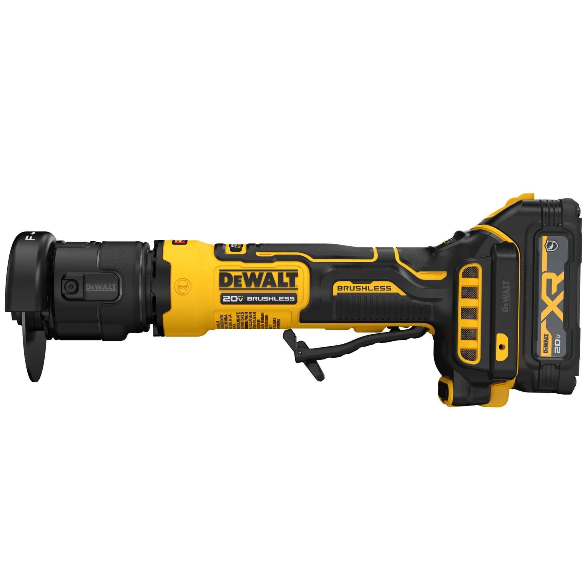 DeWalt 20V MAX cordless brushless 3-inch cut-off saw left side linear view focusing on the smooth ergonomic handle geometry, paddle switch safety override handle loop, forward-facing ventilation exhaust layout, and a yellow composite body casing featuring an embossed brand badge logo