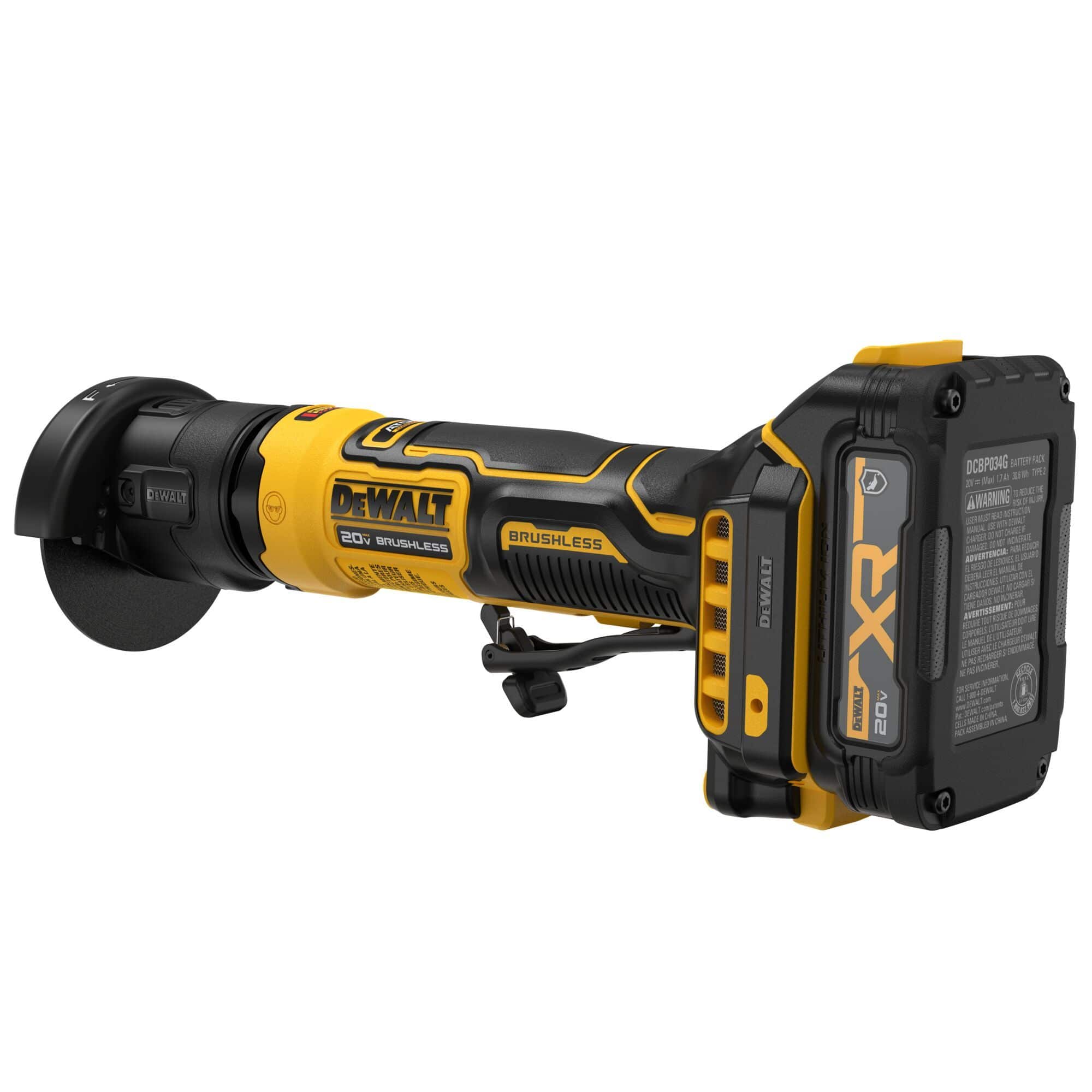 DeWalt 20V MAX compact cordless brushless 3-inch cut-off tool body shown from a rear three-quarter perspective detailing the base slide-on rail contacts for battery placement, rear air intake filter paths, and structural yellow and black composite housing details tracking down towards the forward cutting head shroud