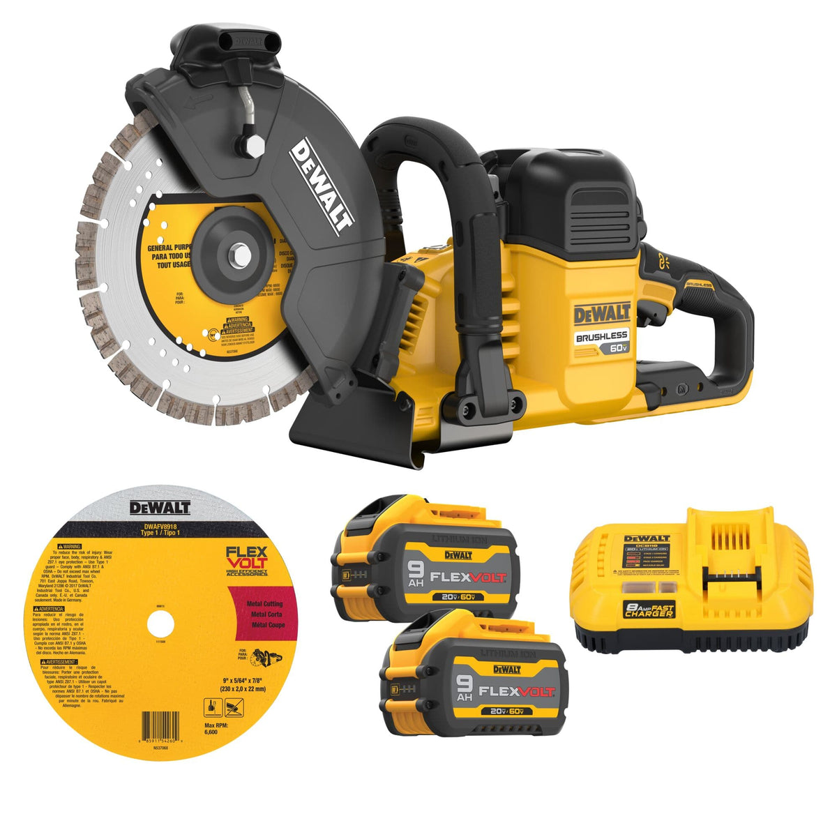 DeWalt DCS692X2 60V cut-off saw kit with two 9.0Ah batteries, fast charger, metal cutting wheel, and diamond blade.